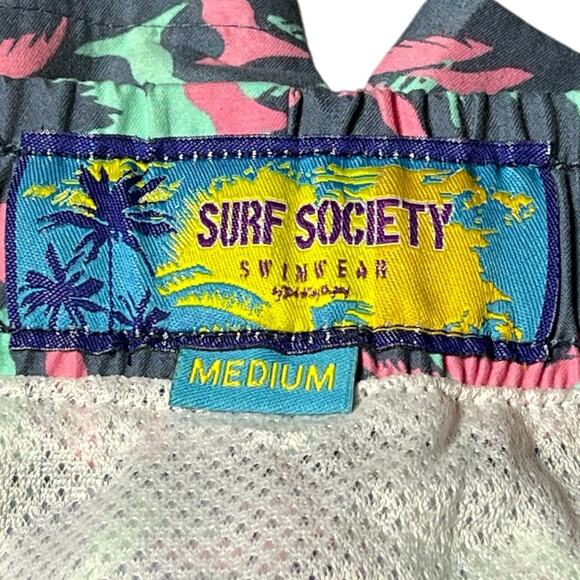 Surf Society Swim Trunks Mens Medium AOP Beach‎ Palm Trees Surf Print Mesh Lined - Picture 3 of 5